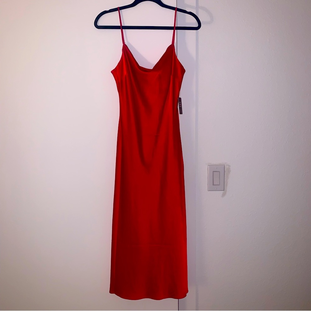 Red Silk Cowlneck Midi Dress